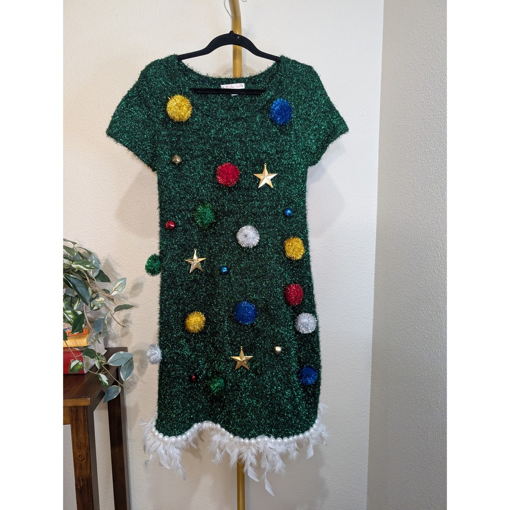 Christmas Tree Ugly Sweater Dress Green Tinsel Feather Pearl Pom Star